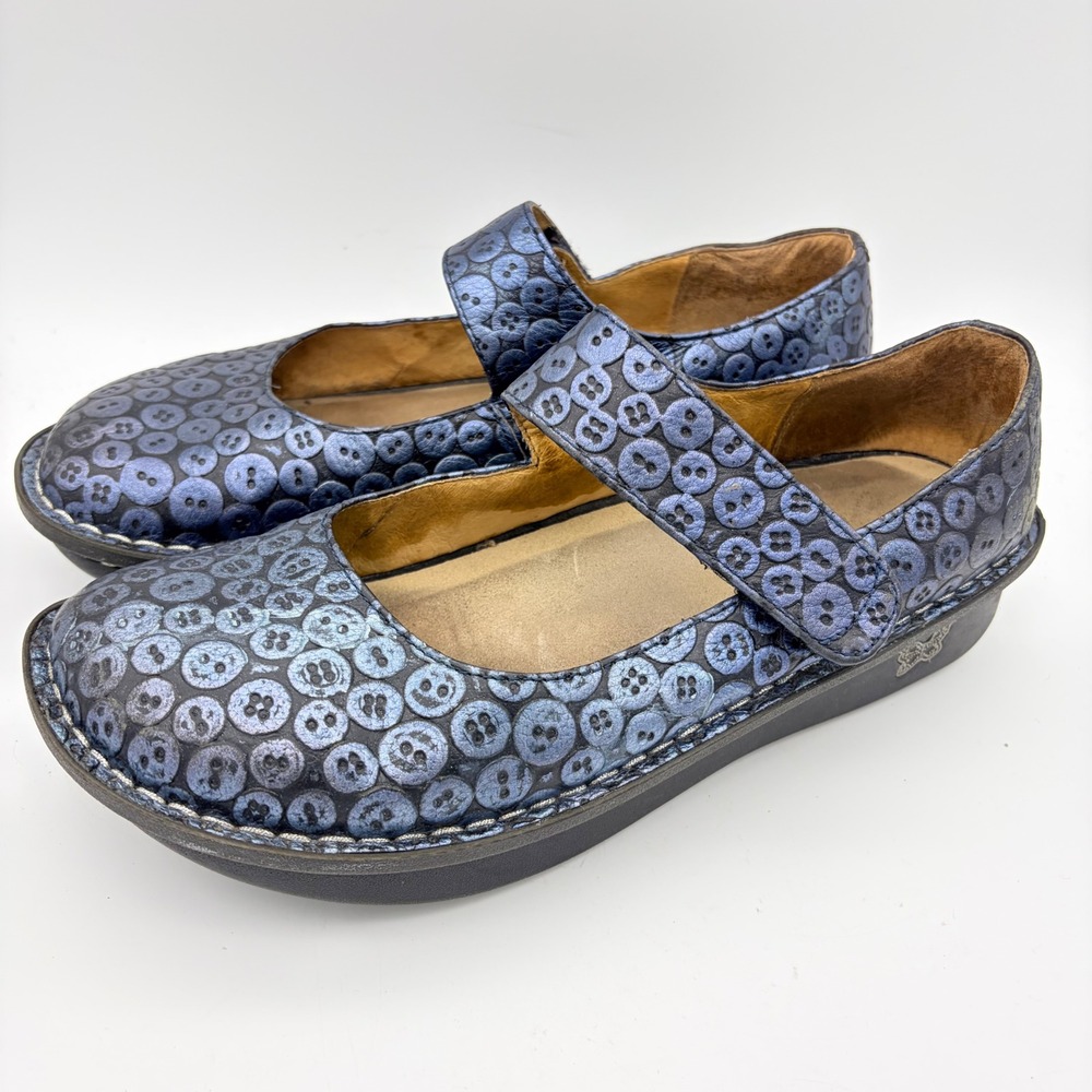 Alegria Paloma Metallic Blue Button Leather Mary Jane Clogs Size 40 Butterfly